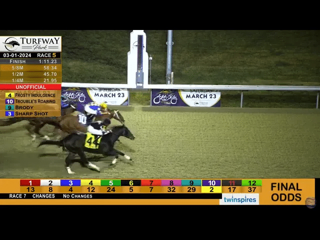 The photo finish reveals Frosty Indulgence as the winner