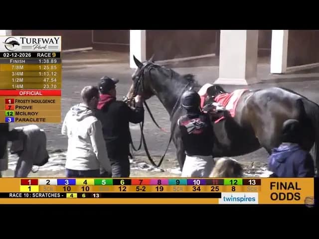 Frosty Indulgence led in after Race 9 at Turfway Park with final odds graphic on screen