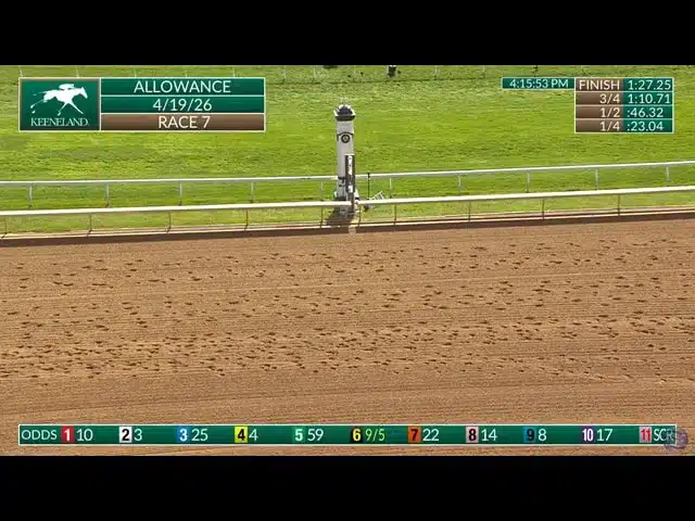 Keeneland Race 7 finish line with results overlay showing a tight finish