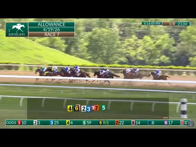 Keeneland Race 7 field in midpack during early stretch, April 19 2026 allowance race
